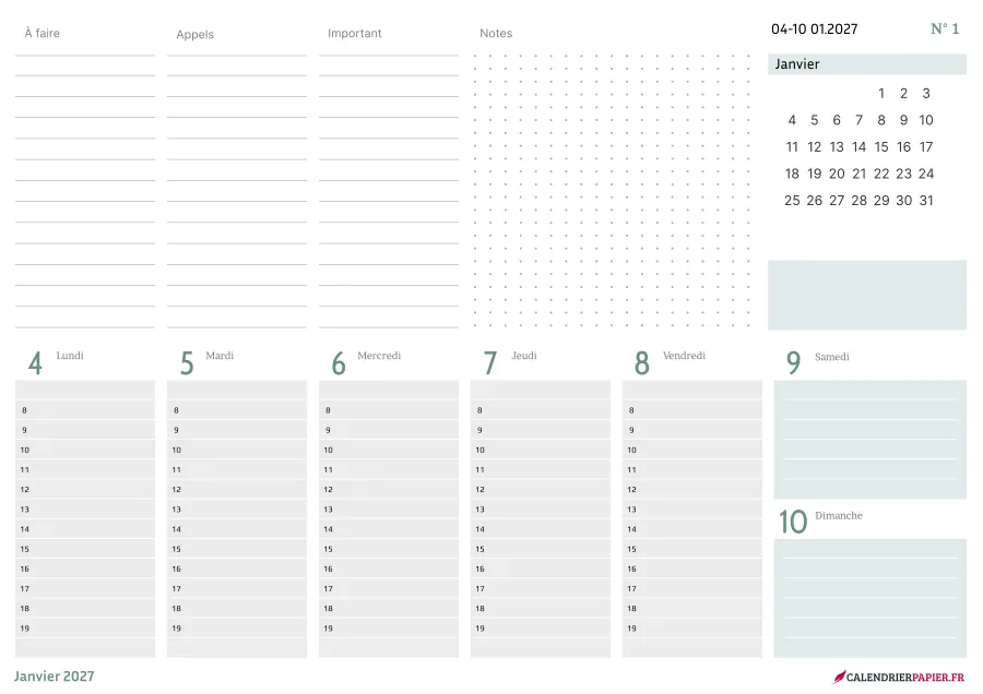 Calendrier de bureau 2027 à imprimer, coloris bleu, fiche n° 2