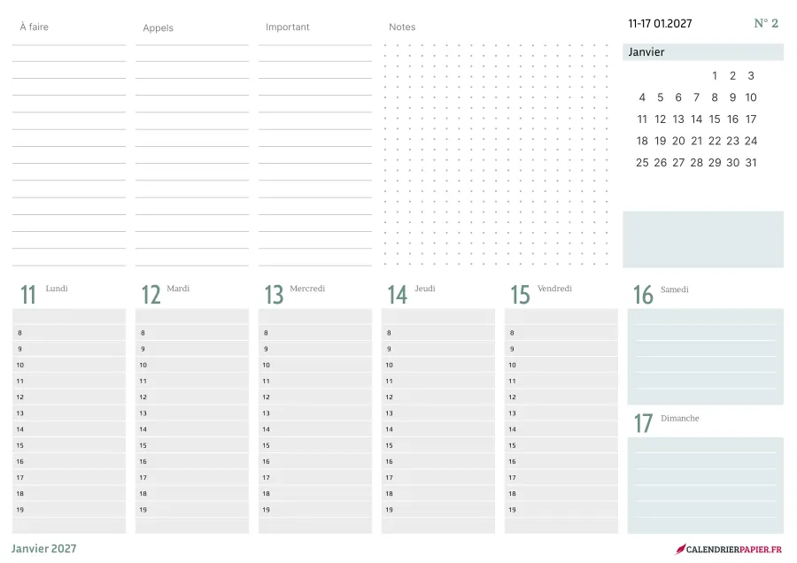 Calendrier de bureau 2027 à imprimer, coloris bleu, fiche n° 3