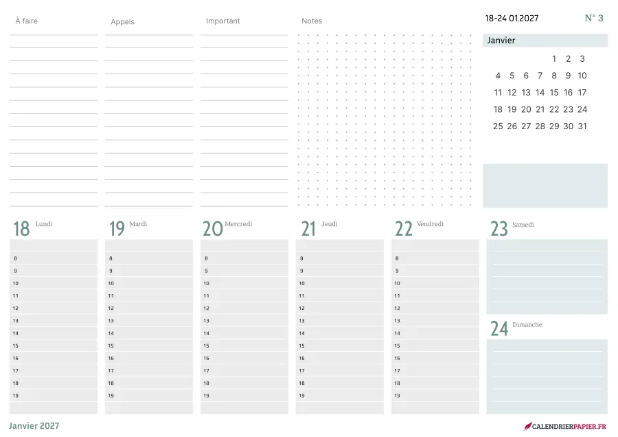 Calendrier de bureau 2027 à imprimer, coloris bleu, fiche n° 4