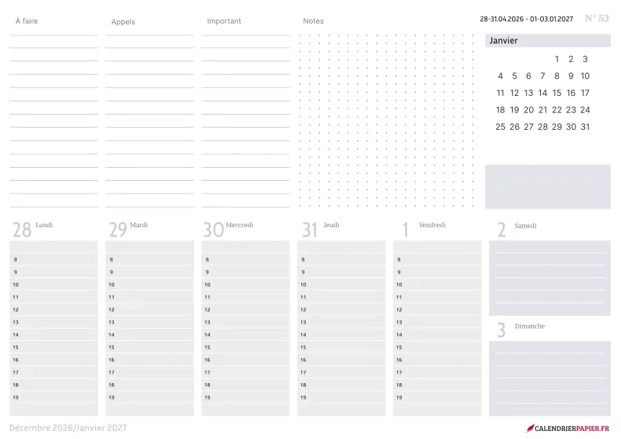 Calendrier de bureau 2027 à imprimer, coloris lavande, fiche n° 1