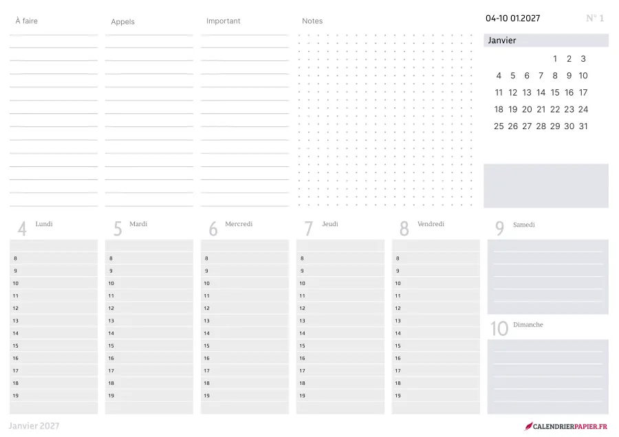 Calendrier de bureau 2027 à imprimer, coloris lavande, fiche n° 2