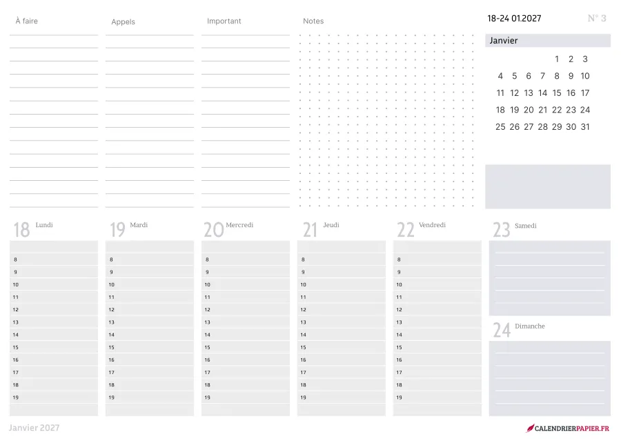 Calendrier de bureau 2027 à imprimer, coloris lavande, fiche n° 4