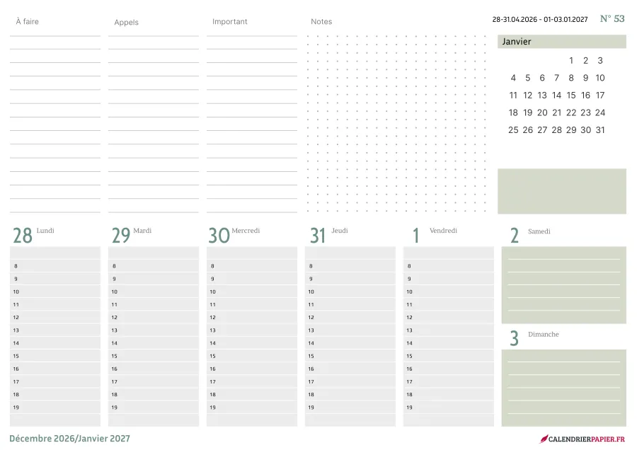 Calendrier de bureau 2027 à imprimer, coloris vert, fiche n° 1
