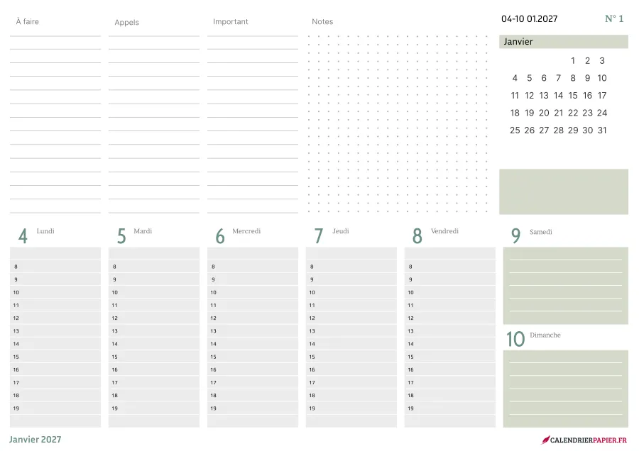 Calendrier de bureau 2027 à imprimer, coloris vert, fiche n° 2
