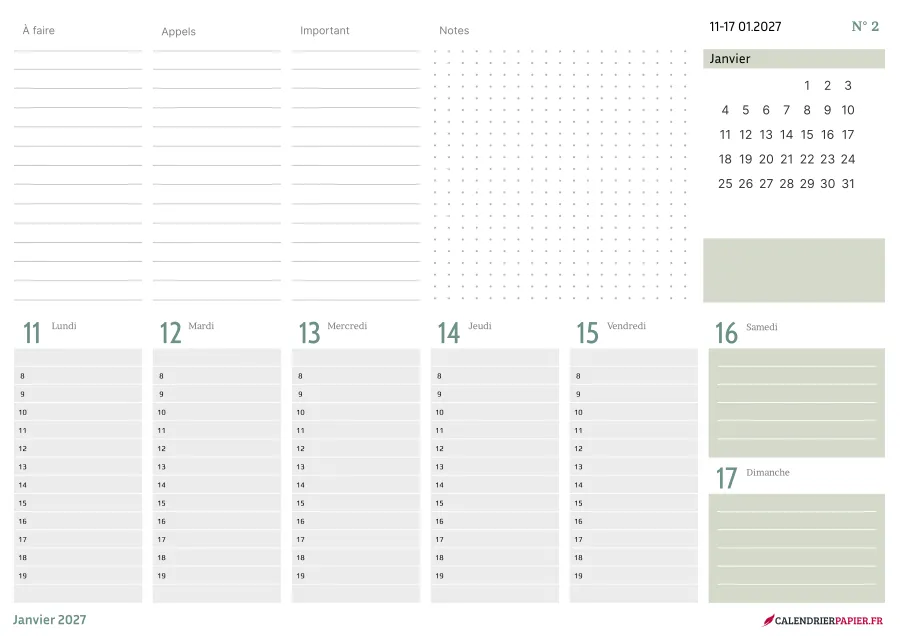 Calendrier de bureau 2027 à imprimer, coloris vert, fiche n° 3