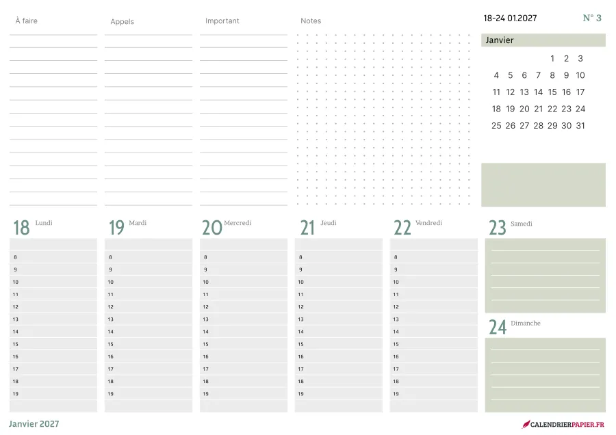 Calendrier de bureau 2027 à imprimer, coloris vert, fiche n° 4