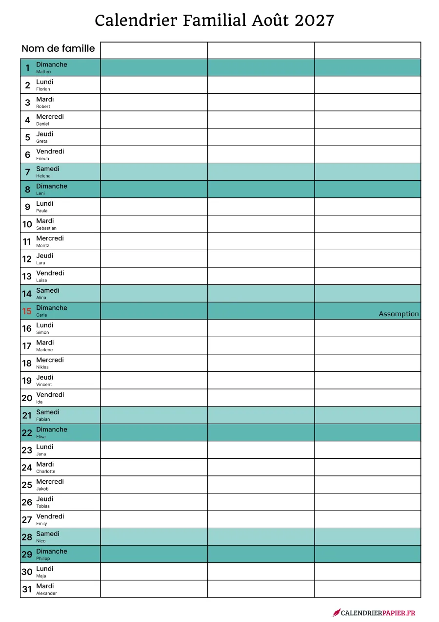 Calendrier familial août 2027 à imprimer pour 3 personnes