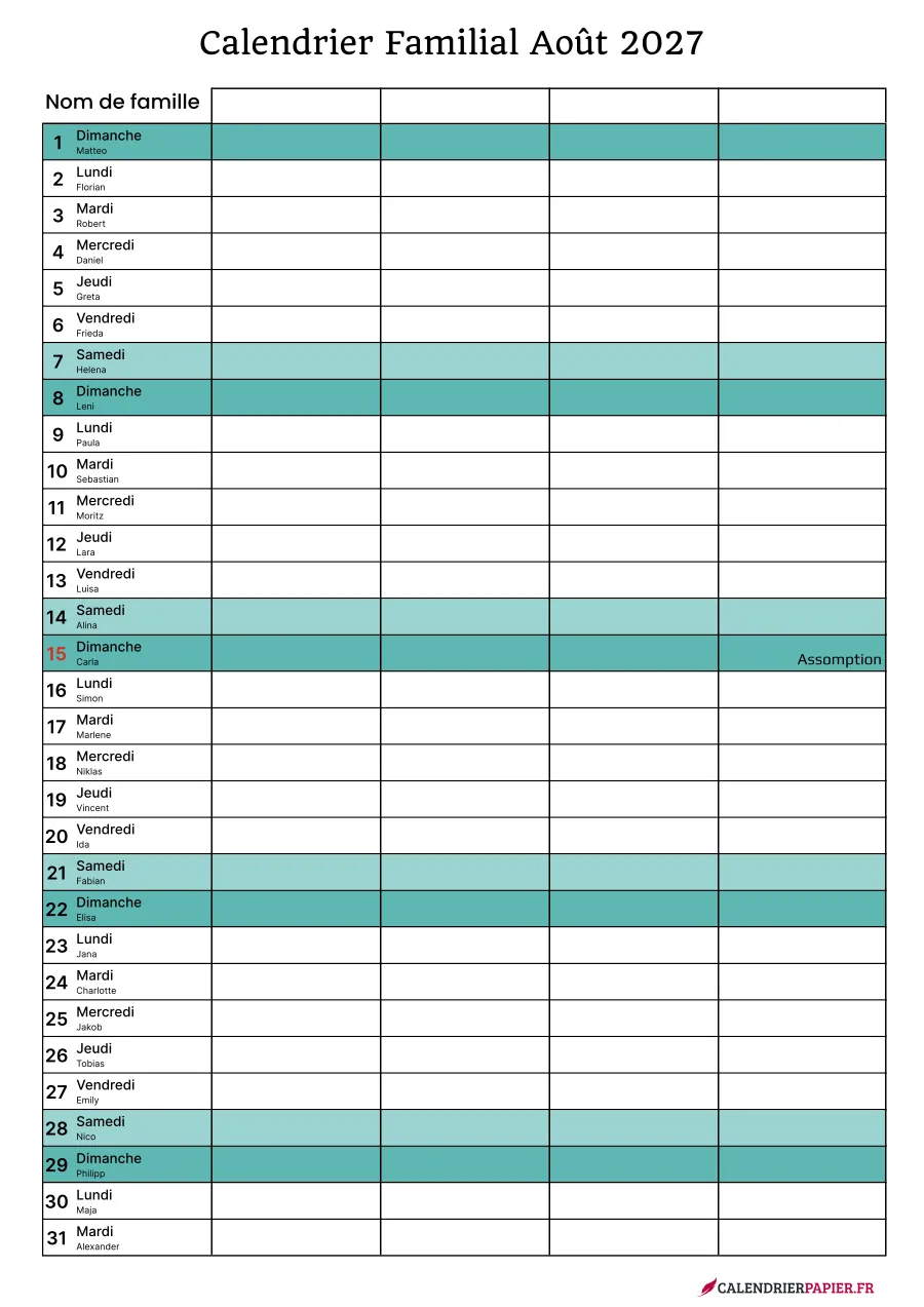 Calendrier familial août 2027 à imprimer pour 4 personnes
