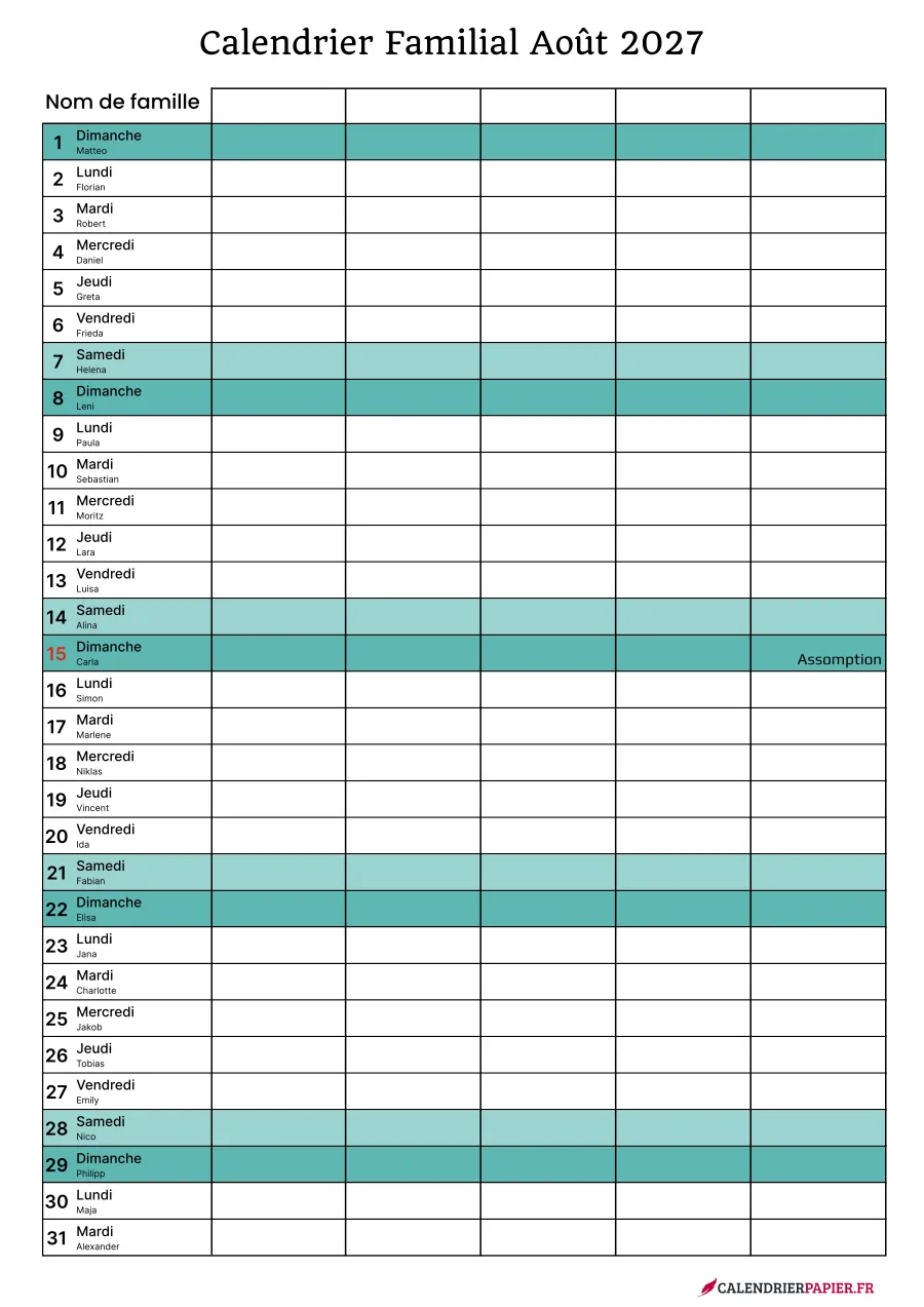 Calendrier familial août 2027 à imprimer pour 5 personnes