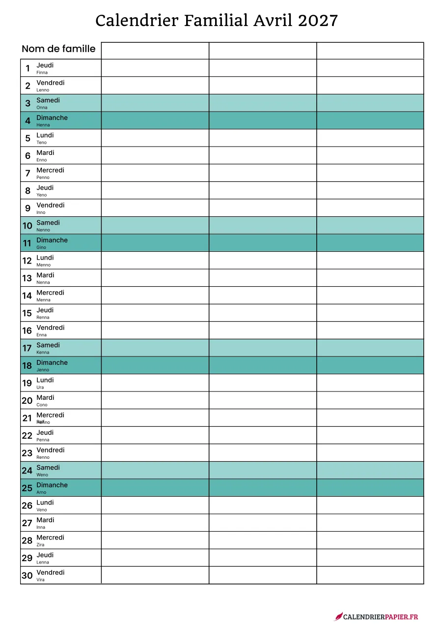 Calendrier familial avril 2027 à imprimer pour 3 personnes