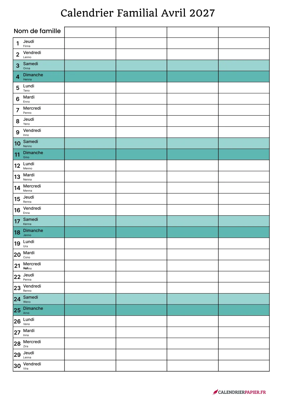 Calendrier familial avril 2027 à imprimer pour 4 personnes