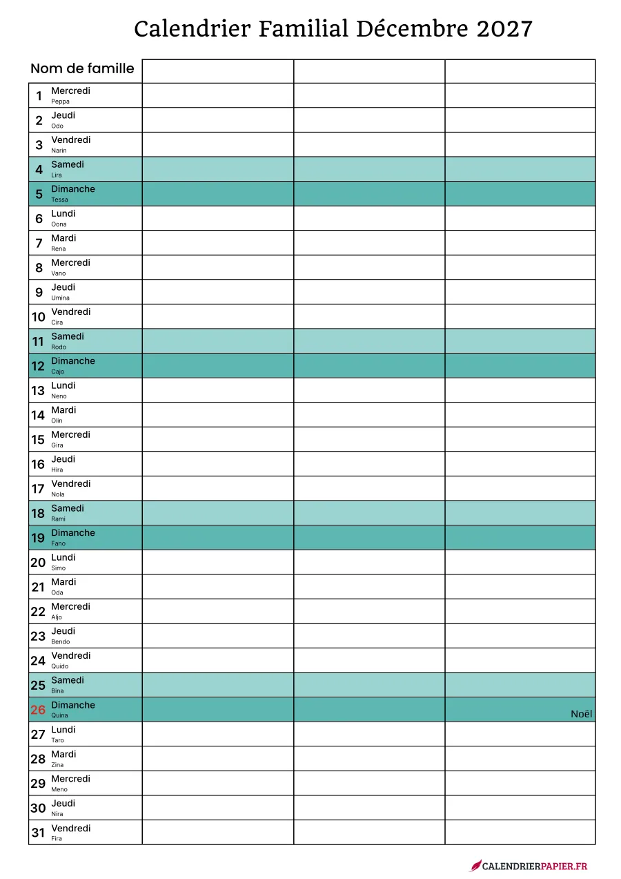 Calendrier familial décembre 2027 à imprimer pour 3 personnes