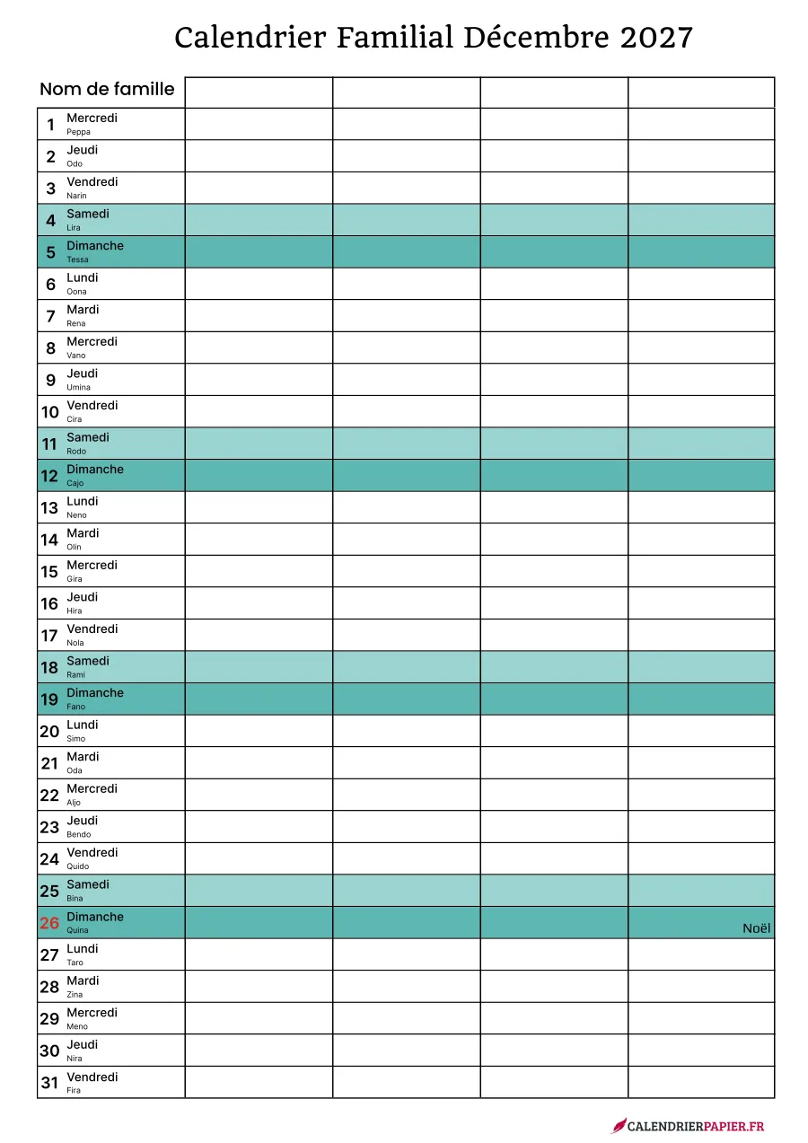 Calendrier familial décembre 2027 à imprimer pour 4 personnes