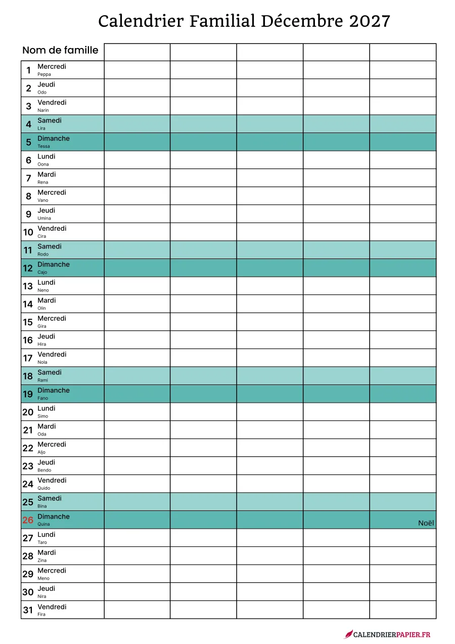 Calendrier familial décembre 2027 à imprimer pour 5 personnes