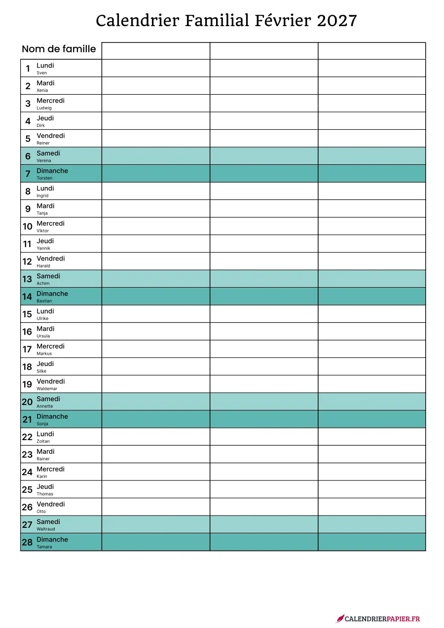 Calendrier familial février 2027 à imprimer pour 3 personnes