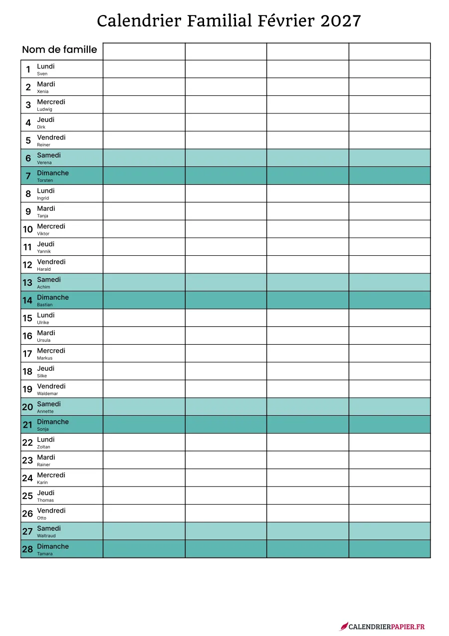 Calendrier familial février 2027 à imprimer pour 4 personnes