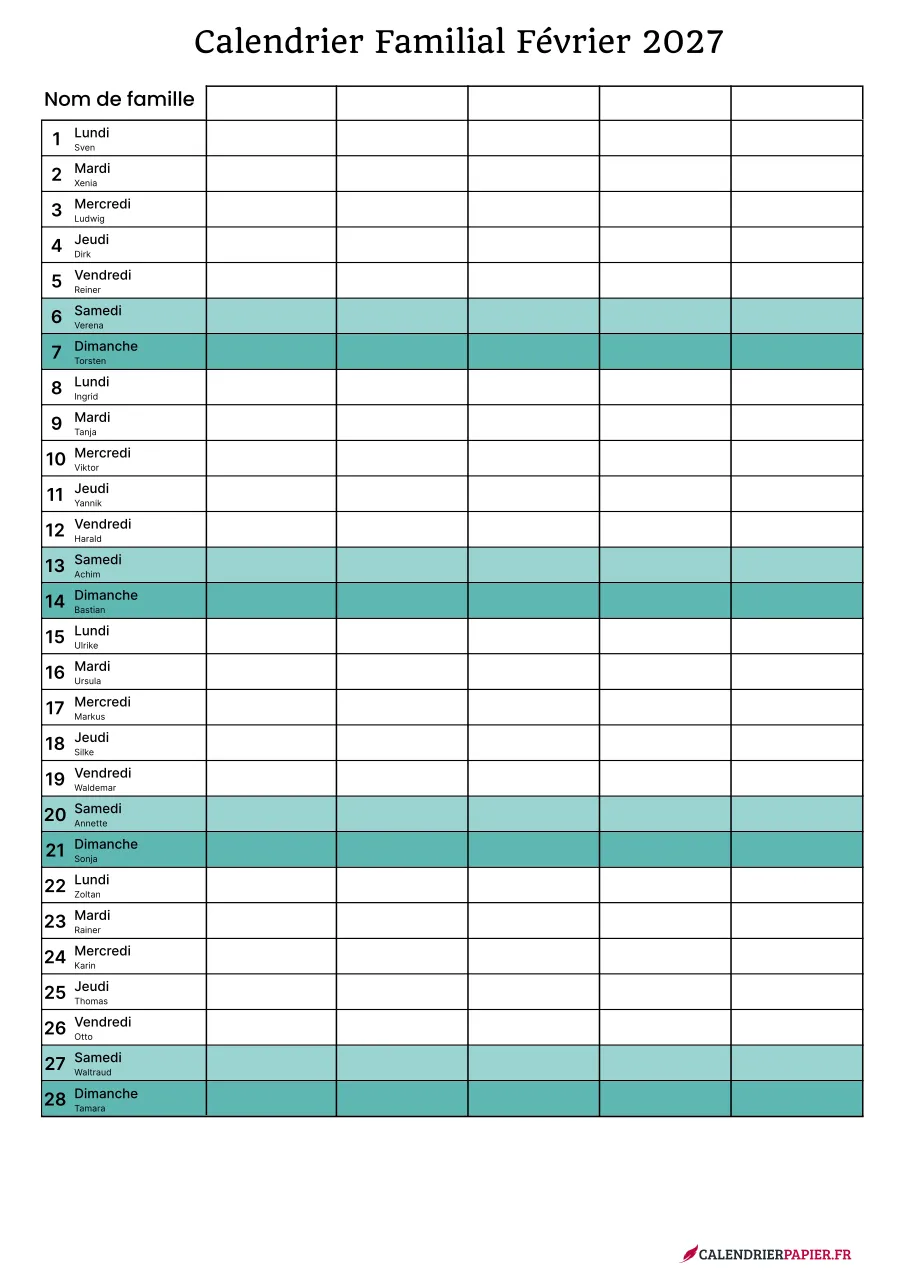 Calendrier familial février 2027 à imprimer pour 5 personnes
