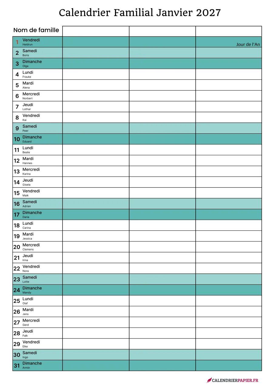 Calendrier familial janvier 2027 à imprimer pour 3 personnes