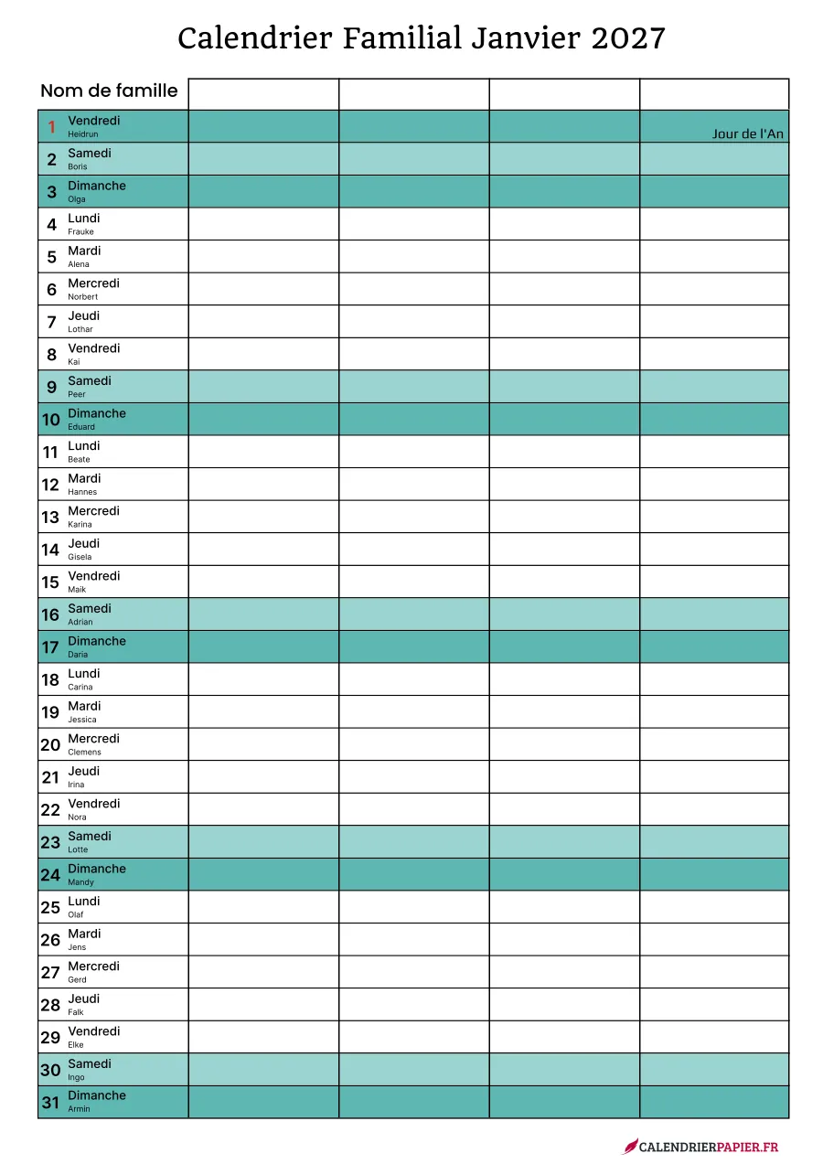 Calendrier familial janvier 2027 à imprimer pour 4 personnes