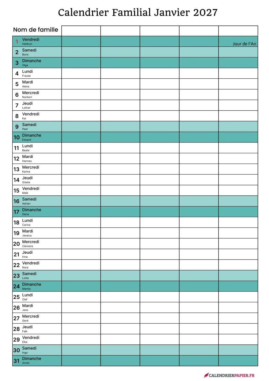 Calendrier familial janvier 2027 à imprimer pour 5 personnes