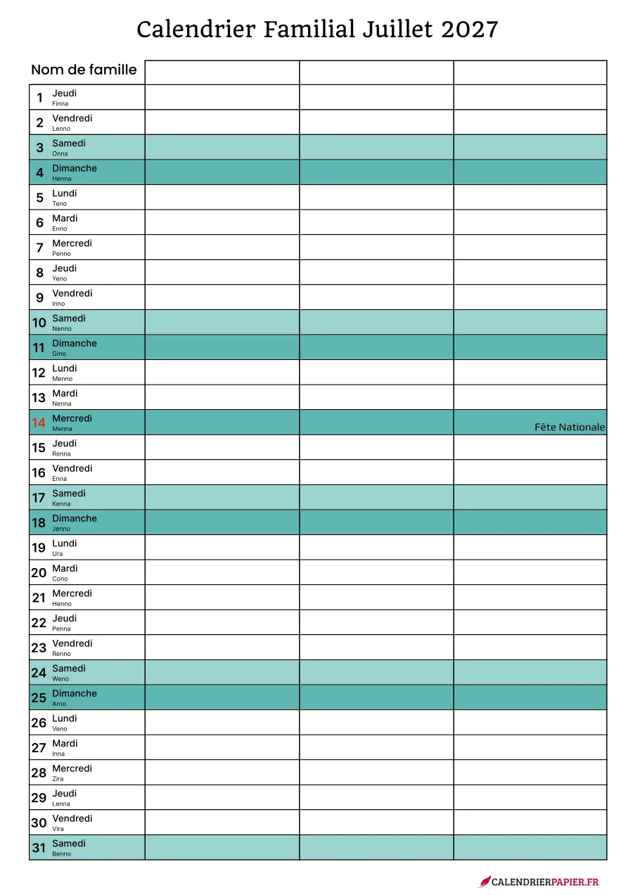 Calendrier familial juillet 2027 à imprimer pour 3 personnes