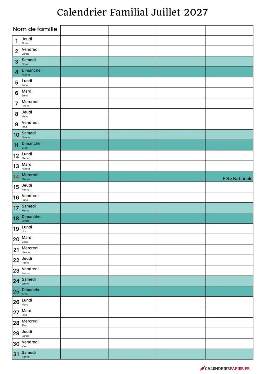 Calendrier familial juillet 2027 à imprimer pour 4 personnes