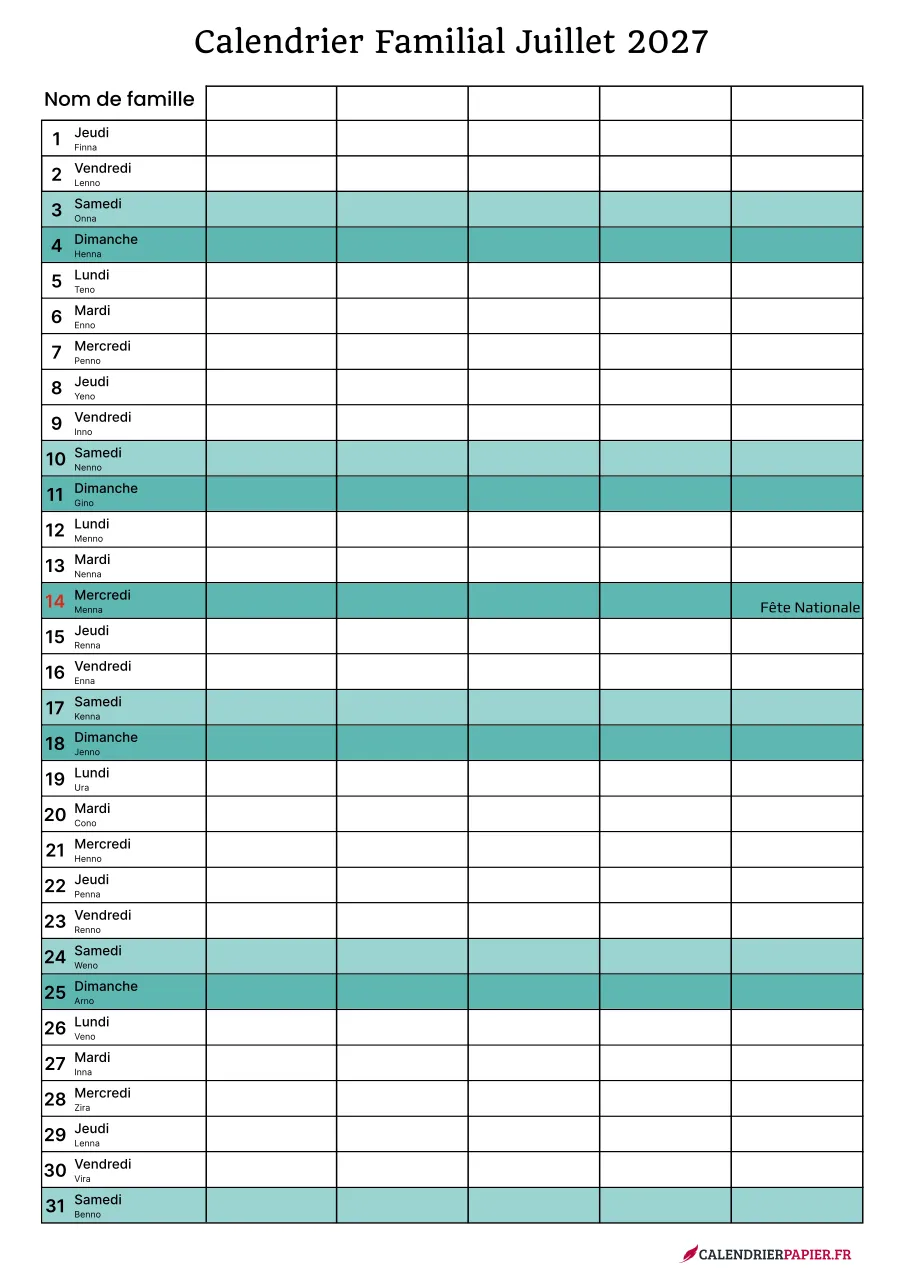 Calendrier familial juillet 2027 à imprimer pour 5 personnes
