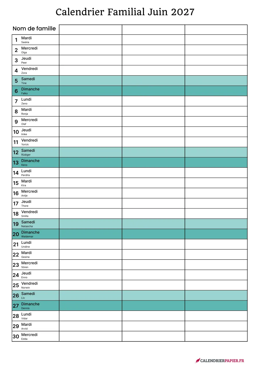 Calendrier familial juin 2027 à imprimer pour 3 personnes