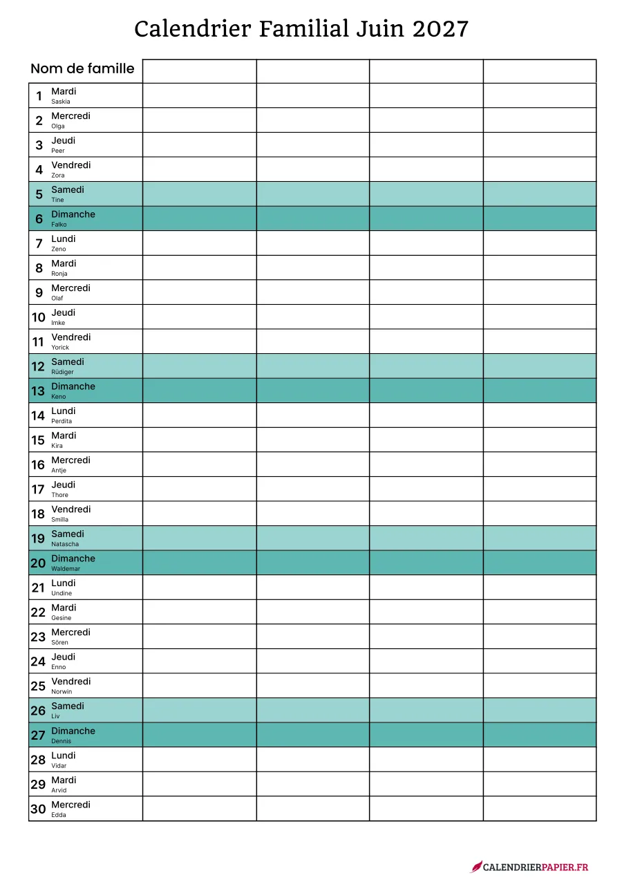 Calendrier familial juin 2027 à imprimer pour 4 personnes