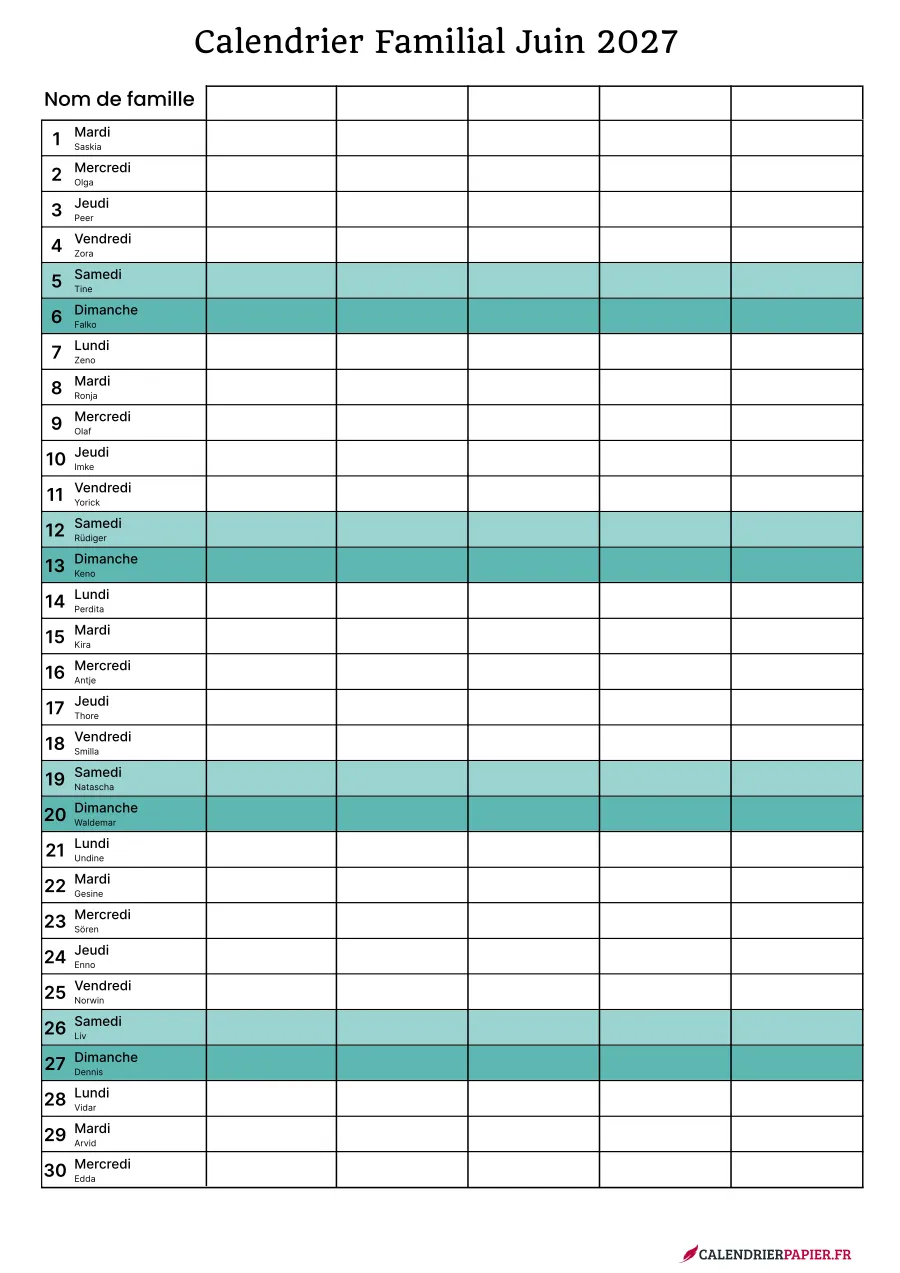Calendrier familial juin 2027 à imprimer pour 5 personnes