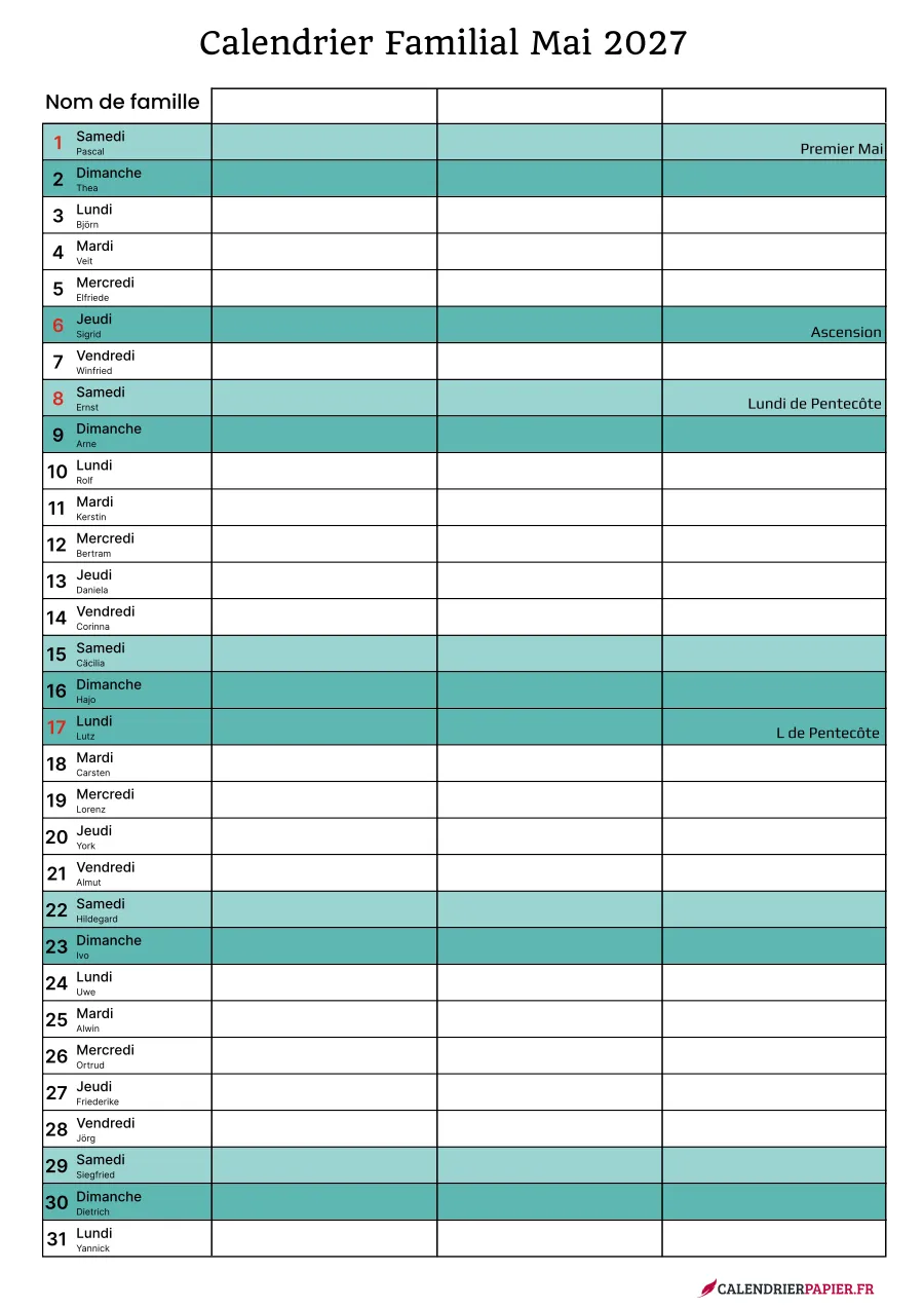 Calendrier familial mai 2027 à imprimer pour 3 personnes