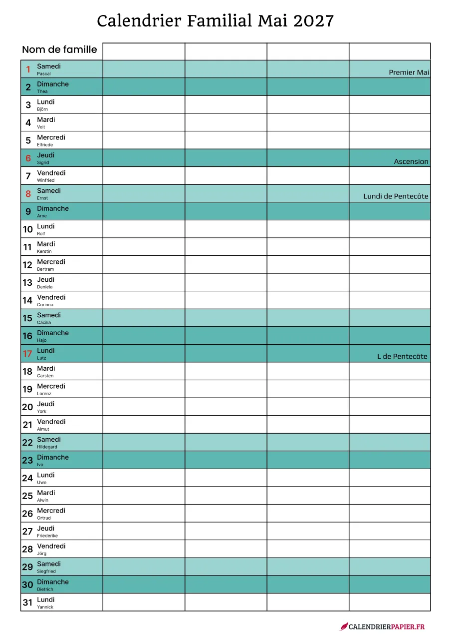Calendrier familial mai 2027 à imprimer pour 4 personnes