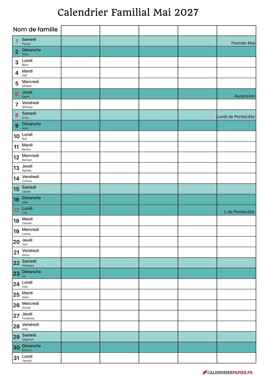 Calendrier familial mai 2027 à imprimer pour 5 personnes