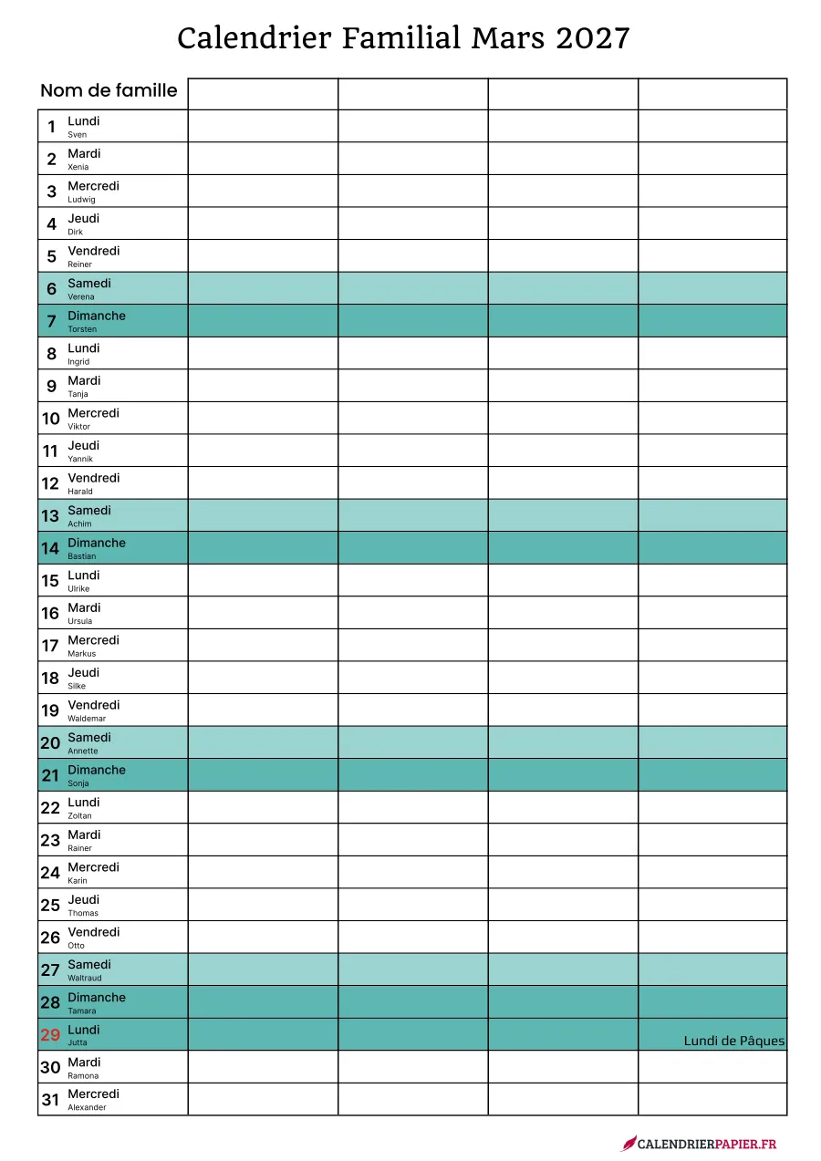 Calendrier familial mars 2027 à imprimer pour 4 personnes