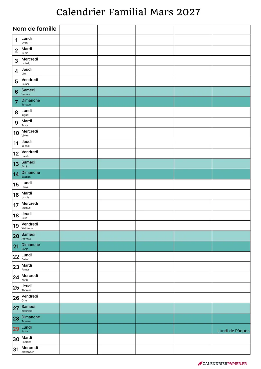 Calendrier familial mars 2027 à imprimer pour 5 personnes