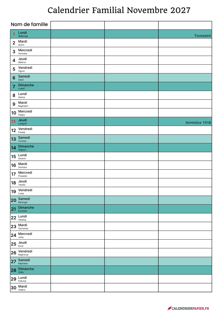 Calendrier familial novembre 2027 à imprimer pour 3 personnes
