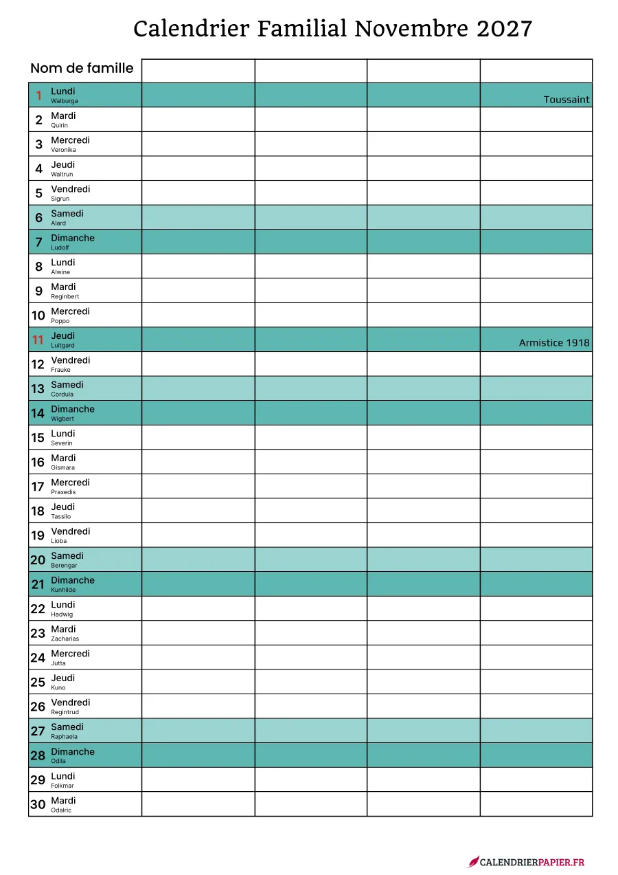 Calendrier familial novembre 2027 à imprimer pour 4 personnes