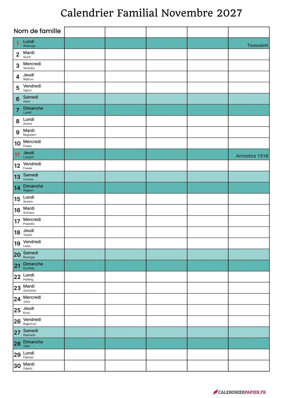 Calendrier familial novembre 2027 à imprimer pour 5 personnes