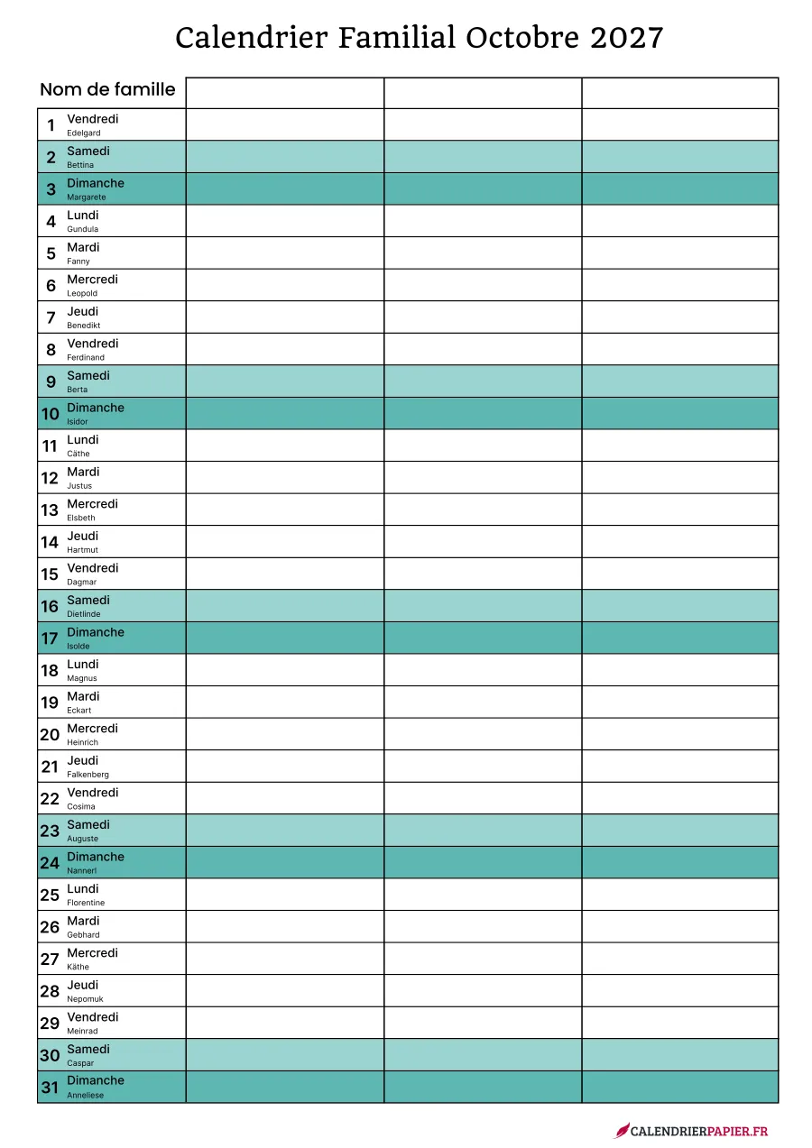 Calendrier familial octobre 2027 à imprimer pour 3 personnes