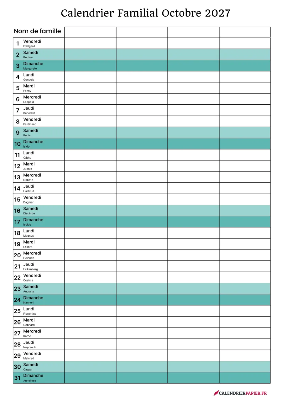 Calendrier familial octobre 2027 à imprimer pour 4 personnes