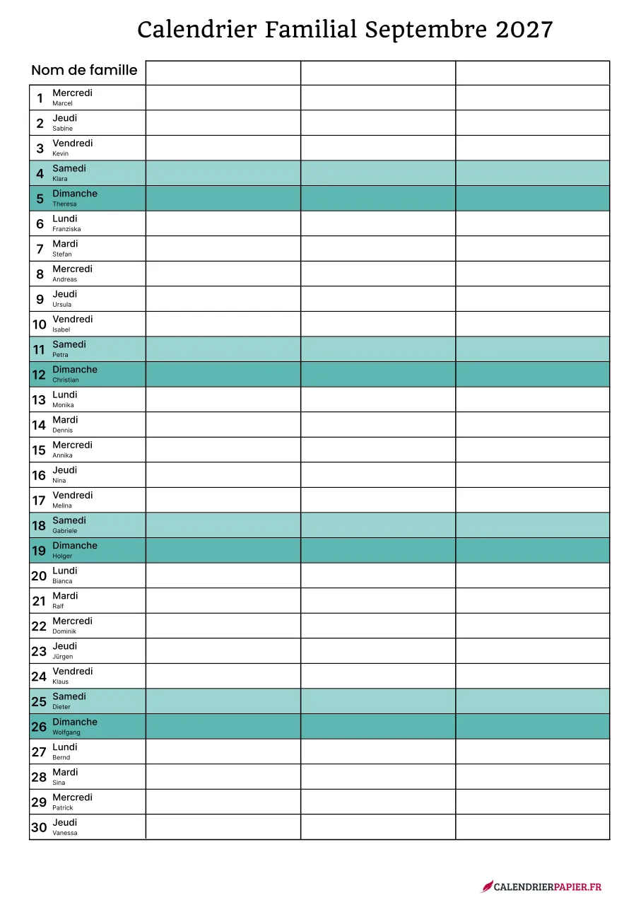 Calendrier familial septembre 2027 à imprimer pour 3 personnes