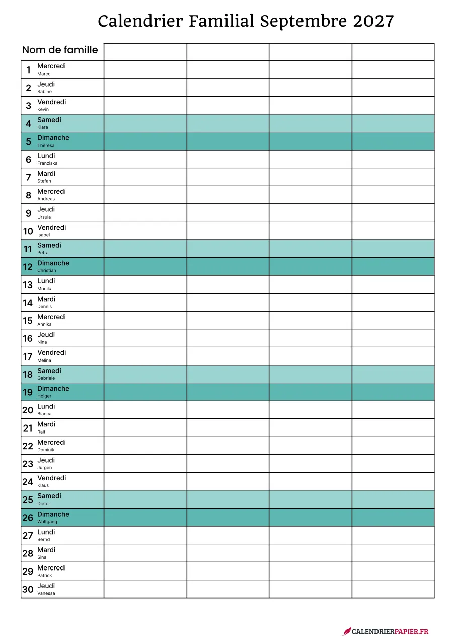 Calendrier familial septembre 2027 à imprimer pour 4 personnes