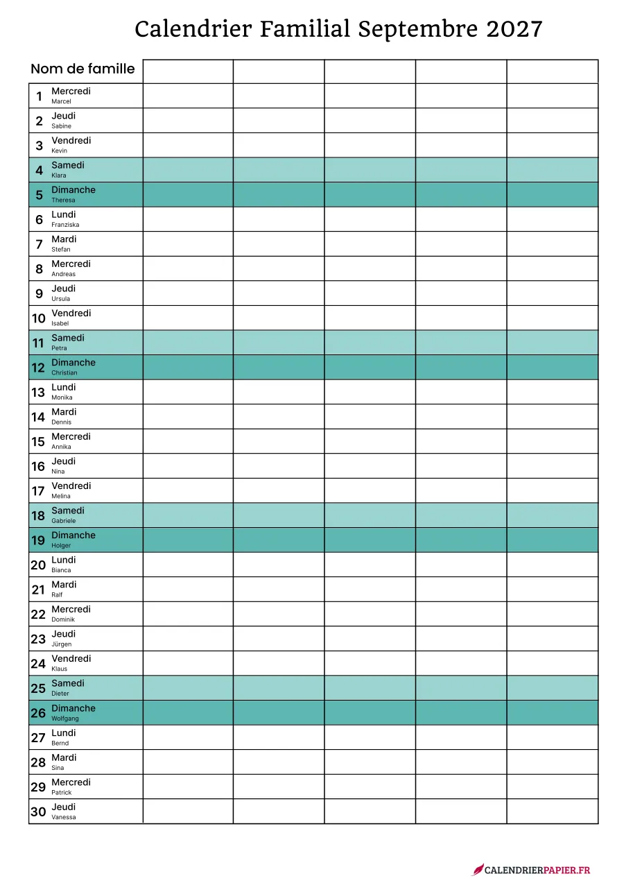 Calendrier familial septembre 2027 à imprimer pour 5 personnes