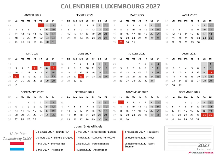 Calendrier Luxembourg 2027 à imprimer avec les jours fériés, format A4 paysage