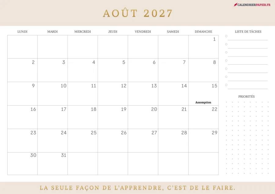 Calendrier août 2027 à imprimer avec jours fériés, liste de tâches, couleur crème