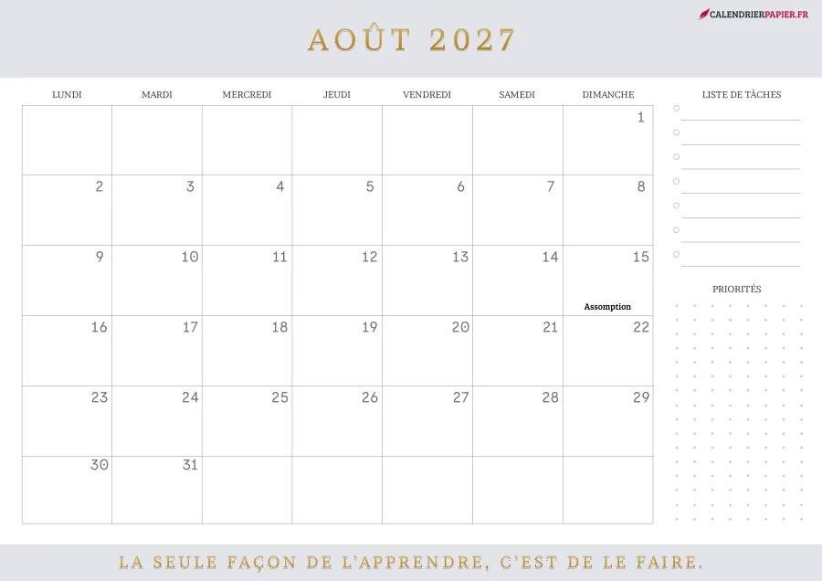 Calendrier août 2027 à imprimer avec jours fériés, liste de tâches, couleur lavande