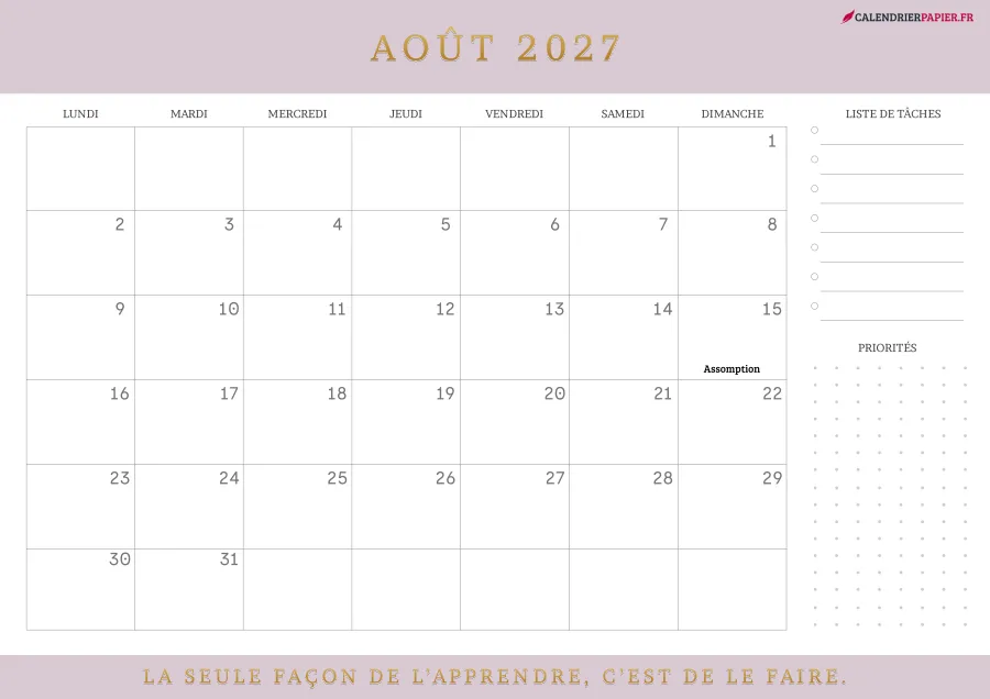 Calendrier août 2027 à imprimer avec jours fériés, liste de tâches, couleur rose