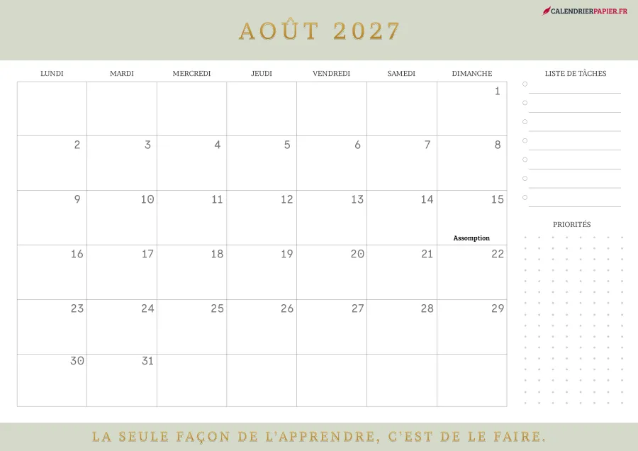 Calendrier août 2027 à imprimer avec jours fériés, liste de tâches, couleur vert