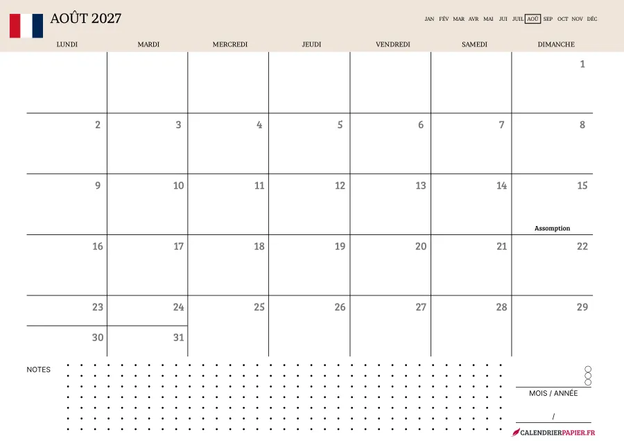 Calendrier août 2027 à imprimer avec jours fériés, notes, couleur crème