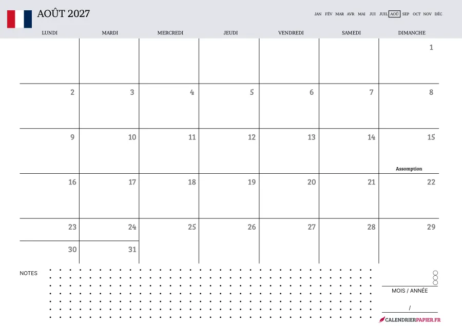 Calendrier août 2027 à imprimer avec jours fériés, notes, couleur lavande